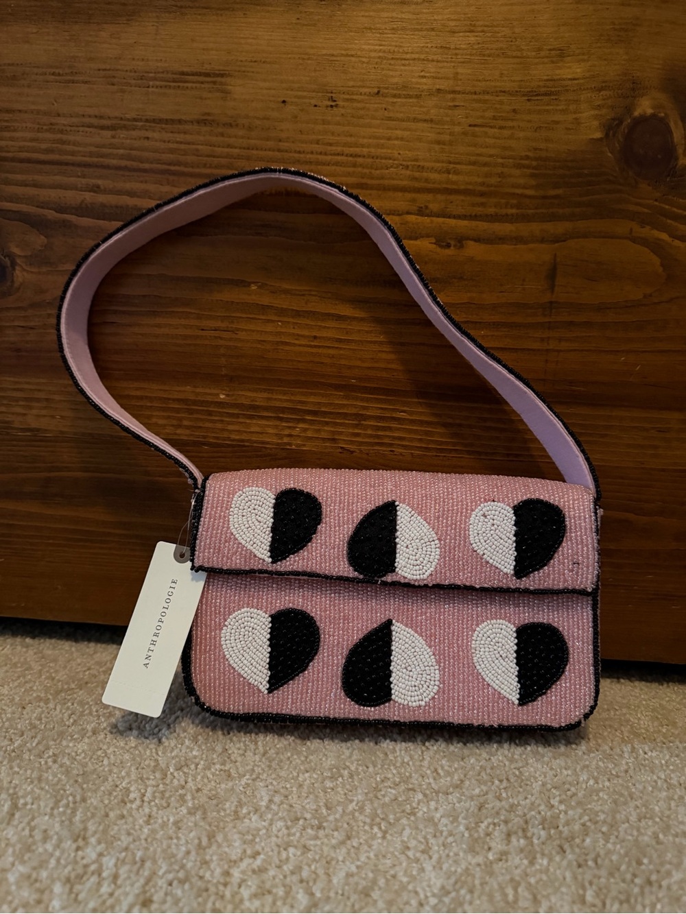 Anthropologie Pink Beaded Heart Motif Shoulder Bag